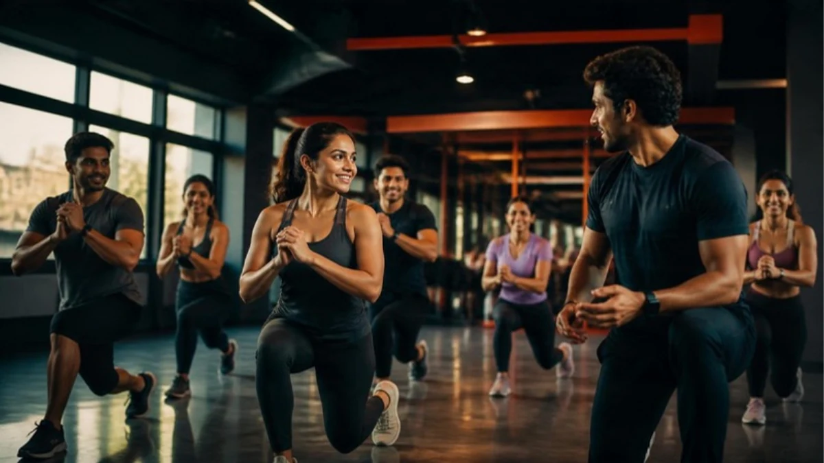 Trainer leading a group fitness class