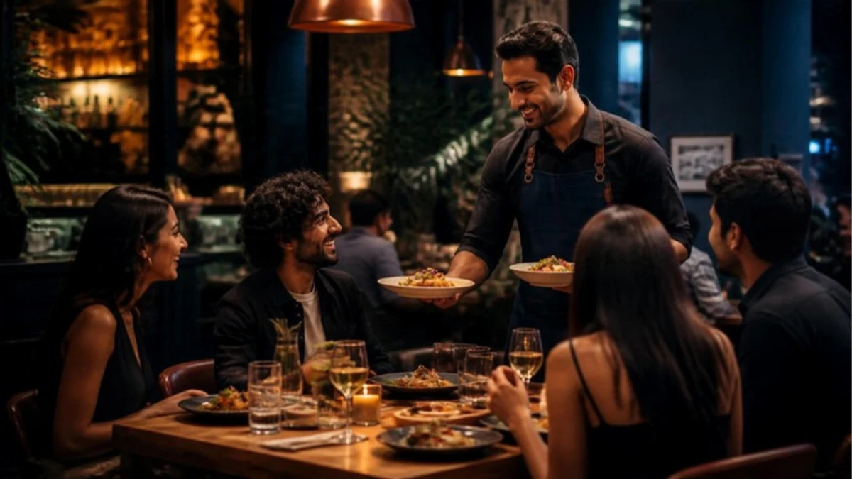 Friends being served dinner at a restaurant
