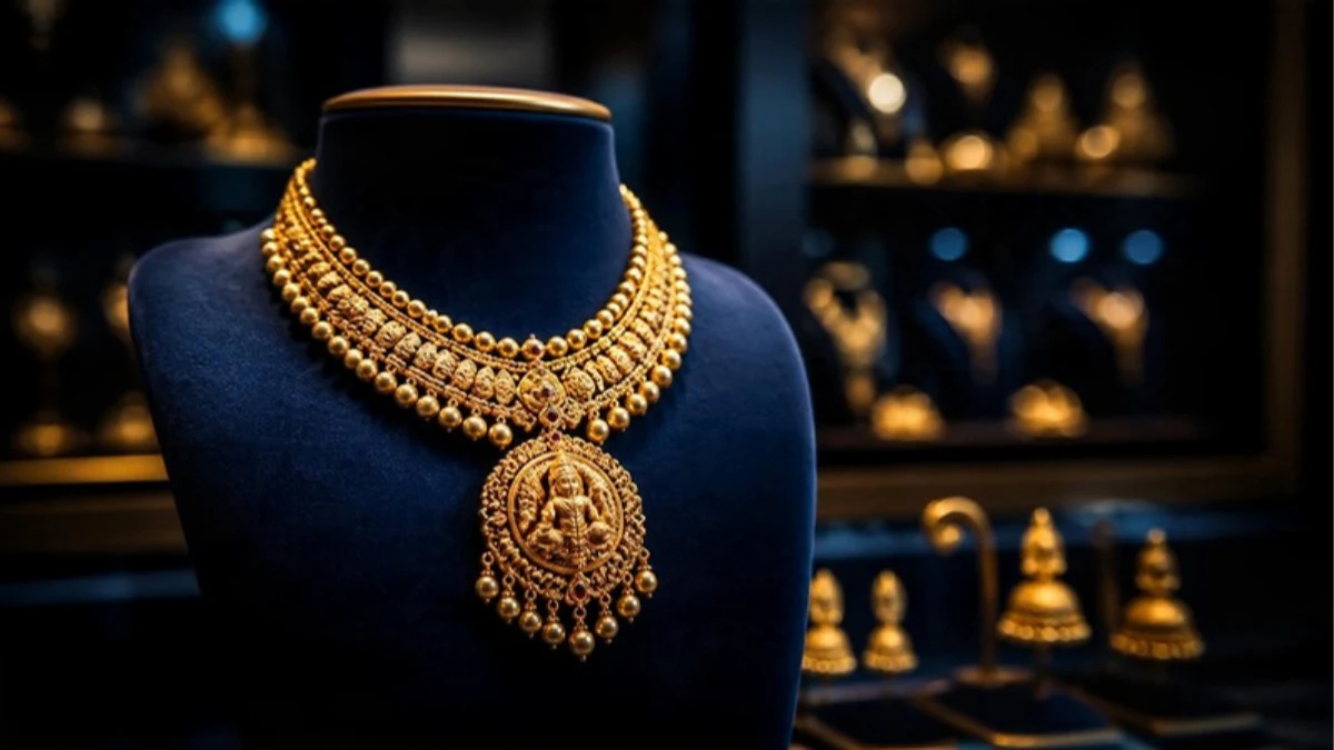 Gold necklace on display in a jewellery showroom