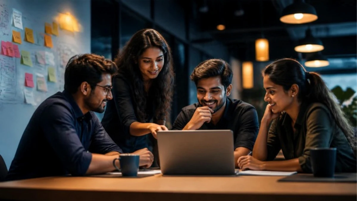 Startup team brainstorming around a laptop